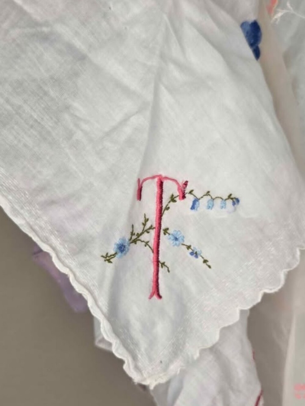 Embroidered White Linen Handkerchief with Pink Initial Letter T